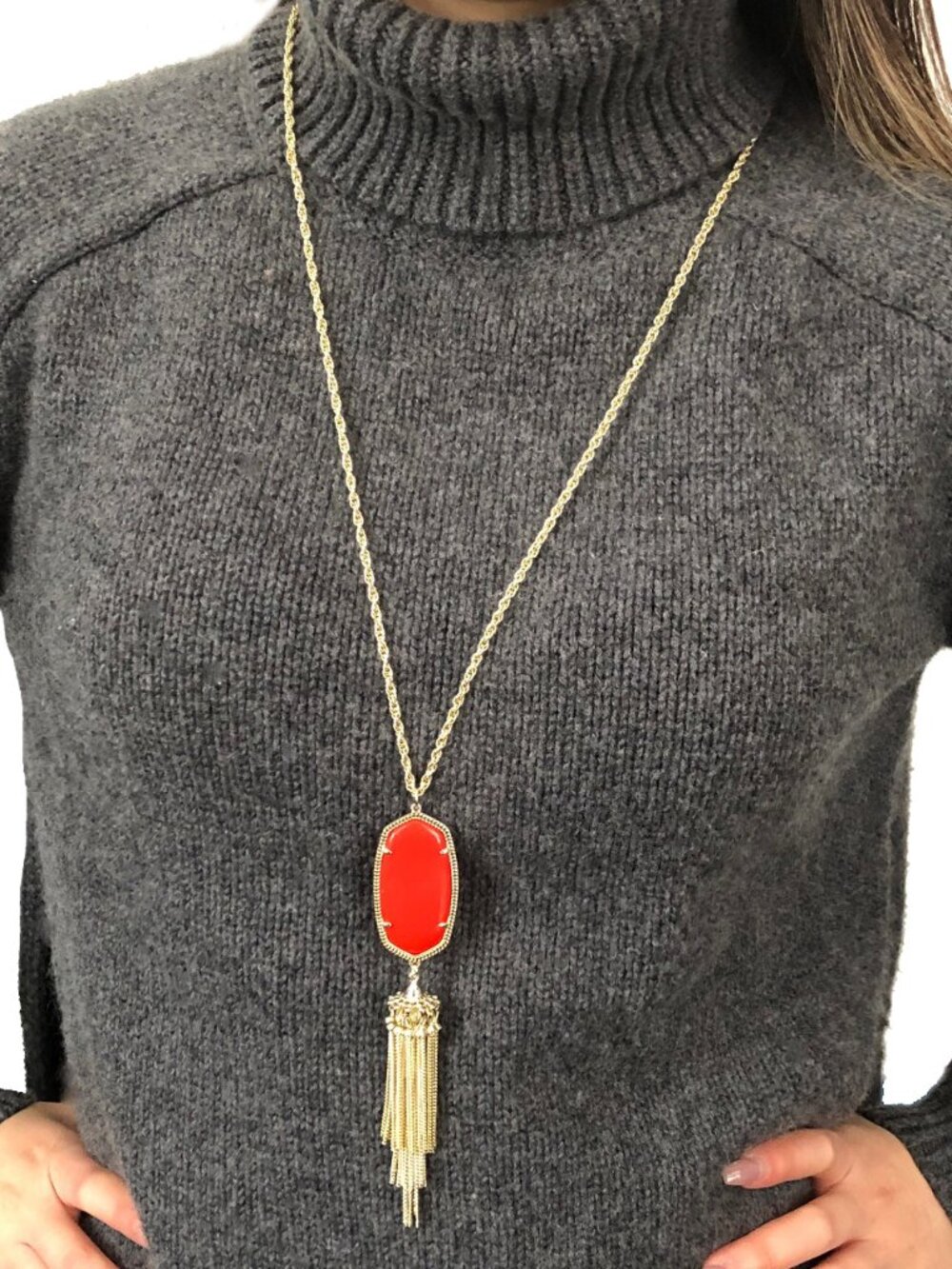 NEW! Kendra Scott Rayne 14k Gold Red Glass Long Necklace Tassel & Dust Bag